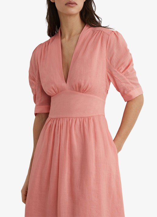 Reiss Poppy midi jurk met V-hals - detail 2 oudroze