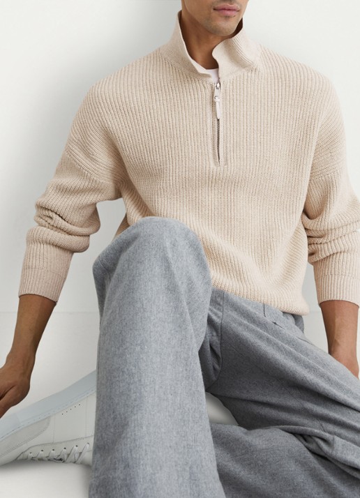 Reiss Prop ribgebreide trui met halve rits  - detail 3 beige