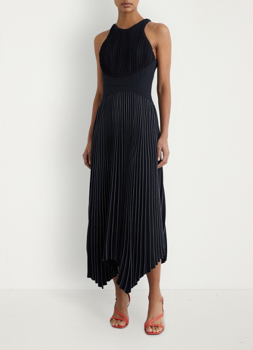 Reiss Rachel midi jurk met plooien  - voorkant 5 donkerblauw