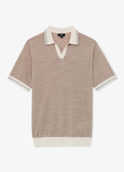 Reiss Redmire regular fit polo van merino wol - voorkant beige
