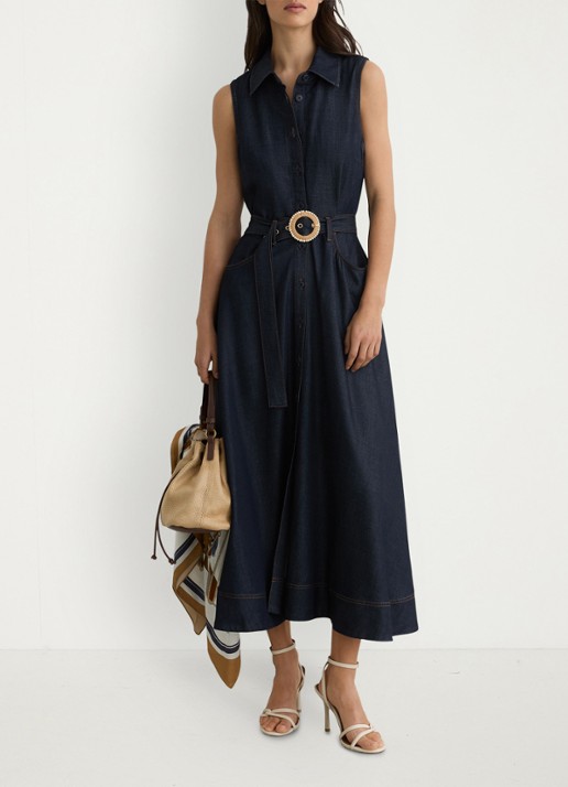 Reiss Remi midi blousejurk met ceintuur - voorkant 7 donkerblauw