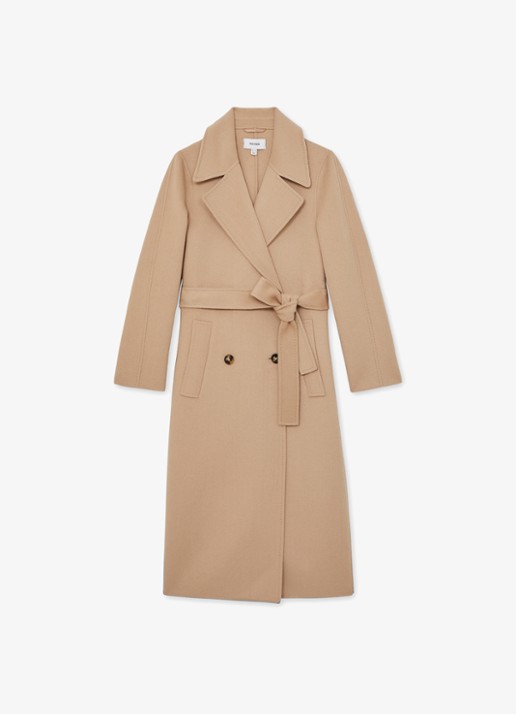 Reiss Rene mantel in wolblend met strikceintuur - voorkant 4 camel