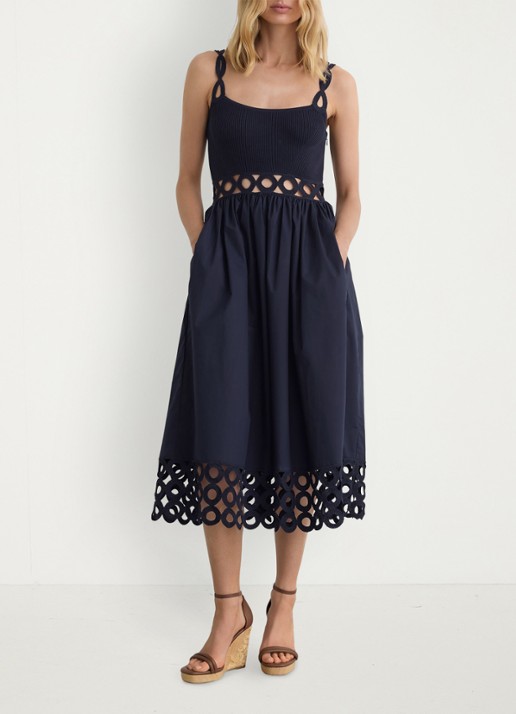 Reiss Rite ribgebreide midi jurk met cut-out detail - voorkant 5 donkerblauw