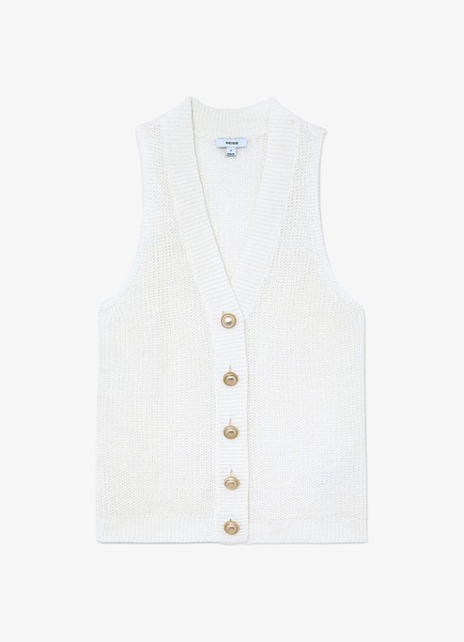 Reiss Robin grofgebreid gilet van linnen - voorkant 6 wit