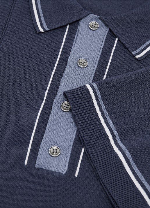 Reiss ROTHWELL Tipped Half-Button Knitted Polo Shirt - detail 3 donkerblauw