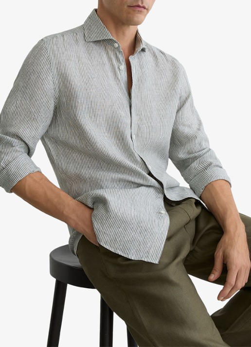 Reiss Ruban regular fit overhemd van linnen met streepprint - detail donkerkhaki