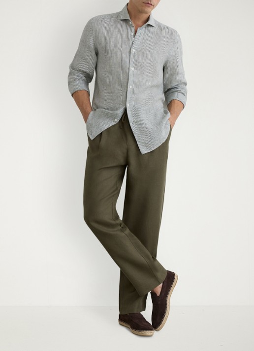 Reiss Ruban regular fit overhemd van linnen met streepprint - voorkant 6 donkerkhaki