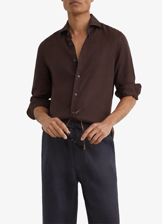 Reiss Ruban regular fit overhemd van linnen - voorkant 2 chocoladebruin