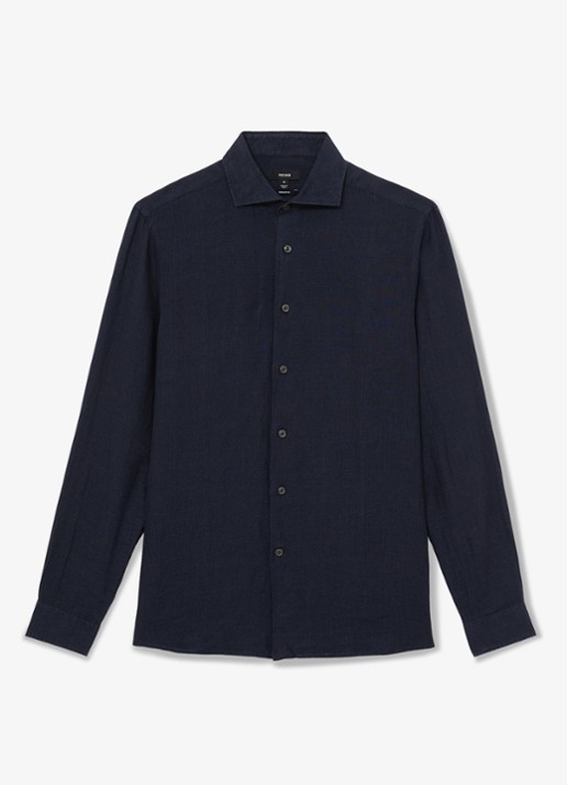 Reiss Ruban slim fit overhemd van linnen - voorkant donkerblauw
