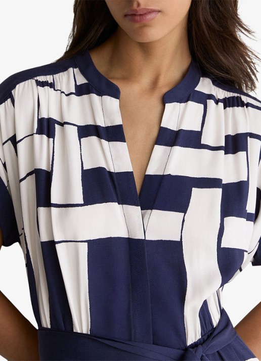 Reiss Samira midi jurk met print en strikceintuur - detail 7 navy / ivoor