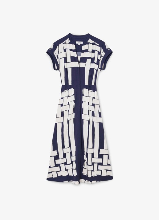 Reiss Samira midi jurk met print en strikceintuur - voorkant 2 navy / ivoor