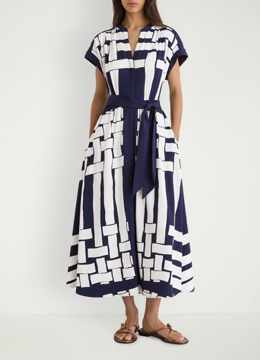 Reiss Samira midi jurk met print en strikceintuur - voorkant 3 navy / ivoor