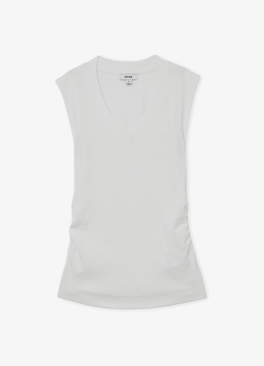 Reiss SANDY Stretch-Cotton Rib Ruched V-Neck Vest - voorkant 5 wit