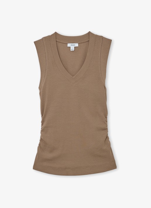 Reiss SANDY Stretch-Cotton Rib Ruched V-Neck Vest - voorkant 6 beige