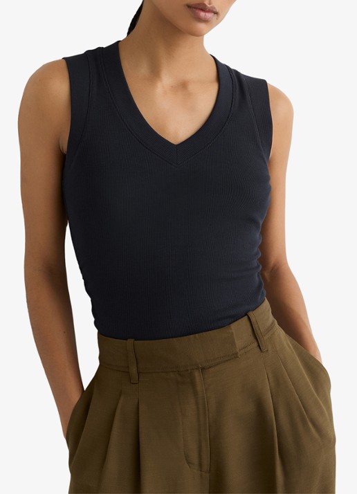 Reiss SANDY Stretch-Cotton Rib Ruched V-Neck Vest
