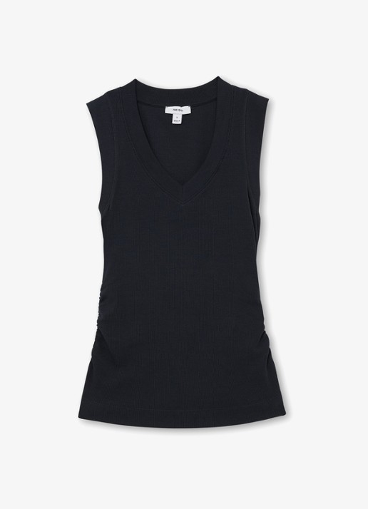 Reiss SANDY Stretch-Cotton Rib Ruched V-Neck Vest - voorkant donkerblauw