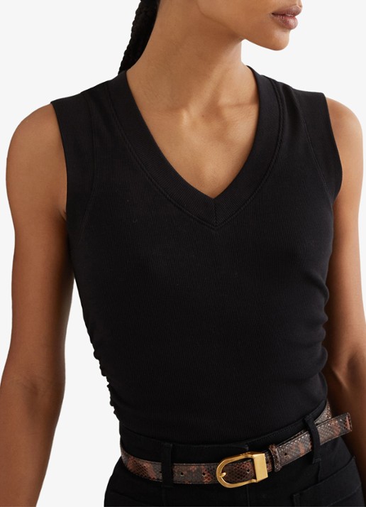 Reiss SANDY Stretch-Cotton Rib Ruched V-Neck Vest - detail 3 black / zwart
