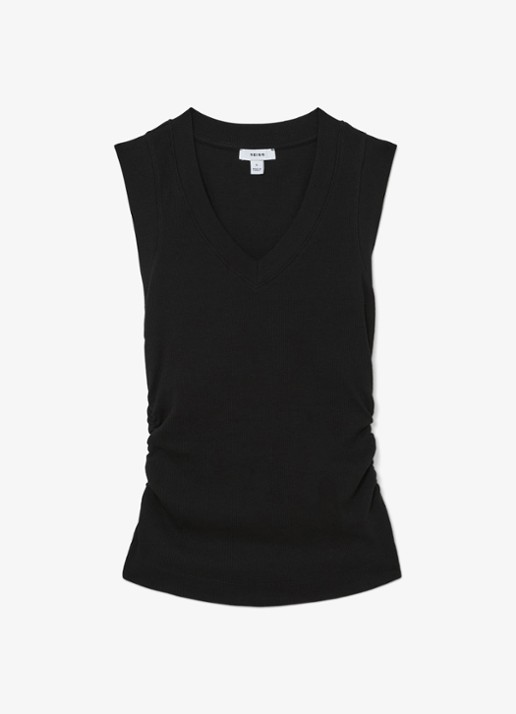 Reiss SANDY Stretch-Cotton Rib Ruched V-Neck Vest - voorkant 5 black / zwart