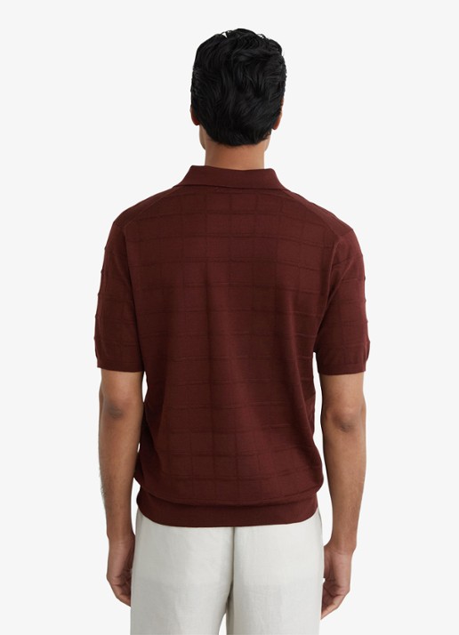 Reiss Serval regular fit polo in wolblend met ruitdessin - achterkant 3 bordeaux / rood