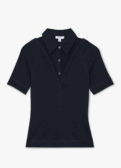 Reiss Shona slim fit polo met cut-out detail - voorkant 5 donkerblauw