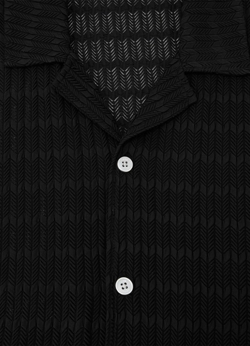 Reiss SID Chevron-Crochet Cuban-Collar Shirt - detail 5 black / zwart