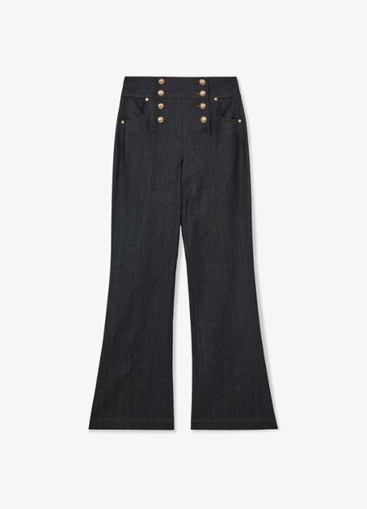 Reiss Skylar high waist flared jeans met knoop details - voorkant denim