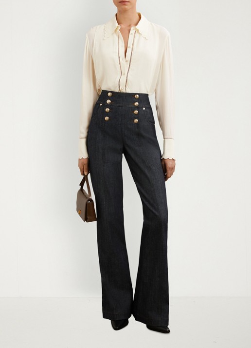 Reiss Skylar high waist flared jeans met knoop details - voorkant 2 denim