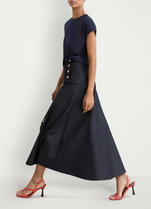 Reiss Skylar midi rok van denim met sierknopen - detail 3 dark blue / blauw