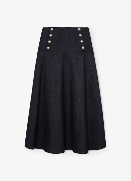 Reiss Skylar midi rok van denim met sierknopen - voorkant 6 dark blue / blauw