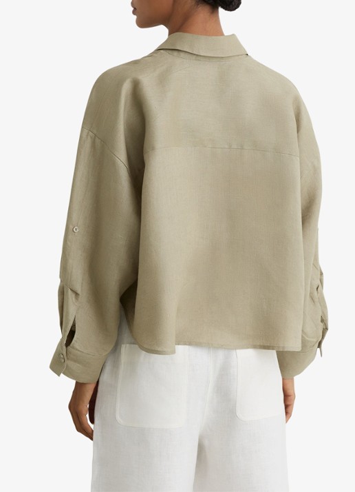 Reiss Solena oversized cropped blouse van linnen - achterkant groen