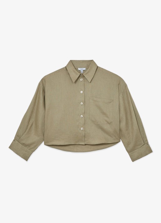 Reiss Solena oversized cropped blouse van linnen - voorkant 6 groen