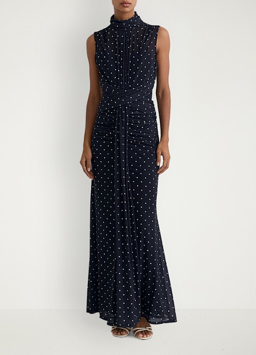 Reiss Stacey maxi jurk met stippenprint - voorkant 2 donkerblauw