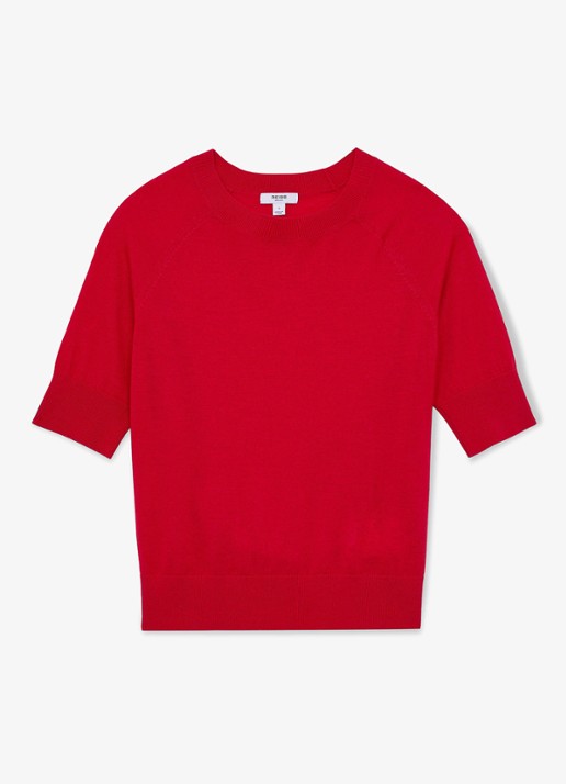 Reiss Suzzie fijngebreid T-Shirt in merino wolblend - voorkant 5 rood