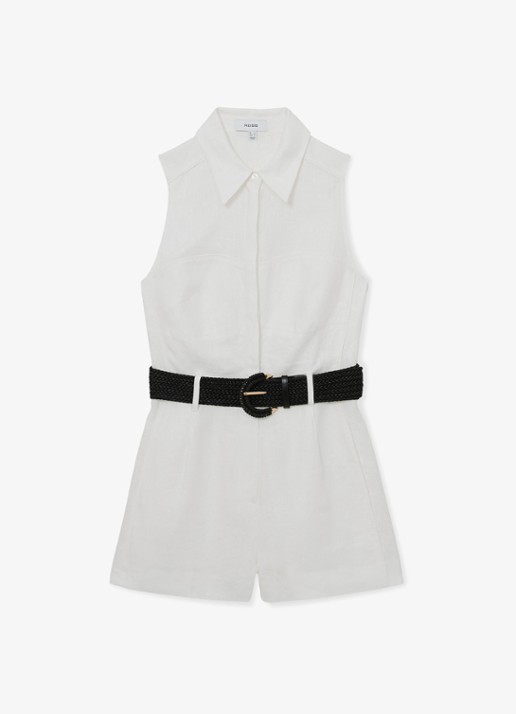 Reiss Taylor playsuit van linnen met ceintuur - voorkant 5 wit