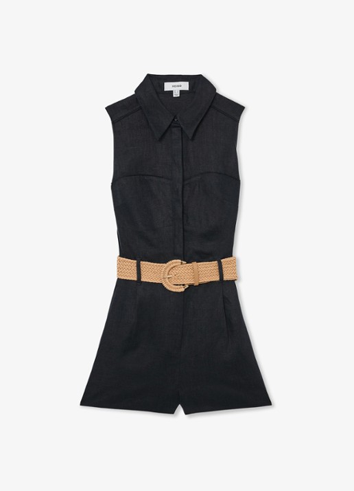 Reiss Taylor playsuit van linnen met ceintuur - voorkant donkerblauw