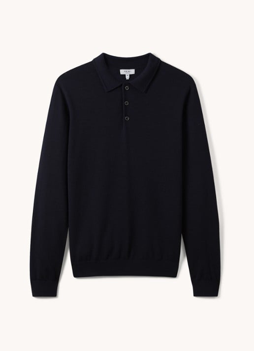 Reiss Trafford fijngebreide regular fit polo van wol - voorkant donkerblauw