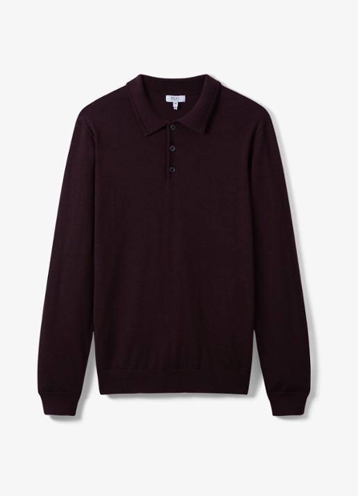Reiss Trafford regular fit fijngebreide polo van merino wol - voorkant 4 bordeauxrood