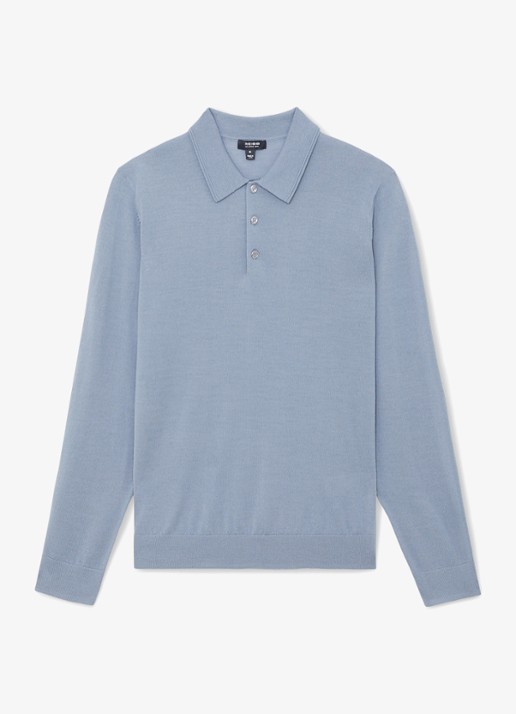 Reiss Trafford sweater van merino wol met polokraag  - voorkant staalblauw