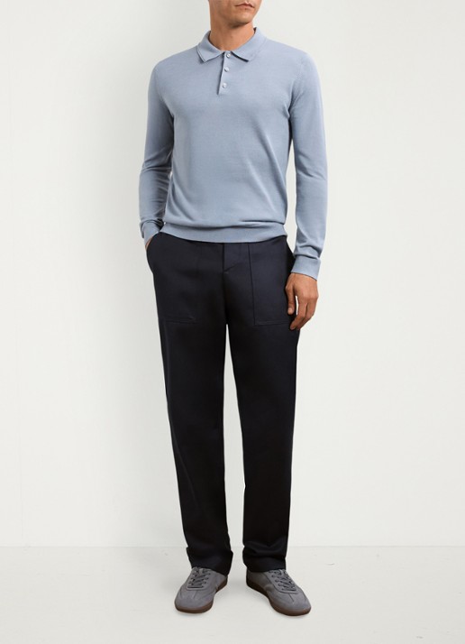 Reiss Trafford sweater van merino wol met polokraag  - voorkant 2 staalblauw