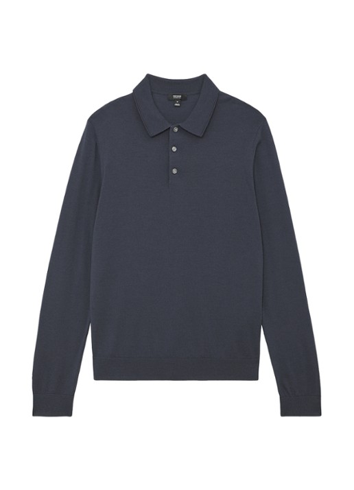 Reiss Trafford sweater van merino wol met polokraag  - voorkant 2 donkerblauw
