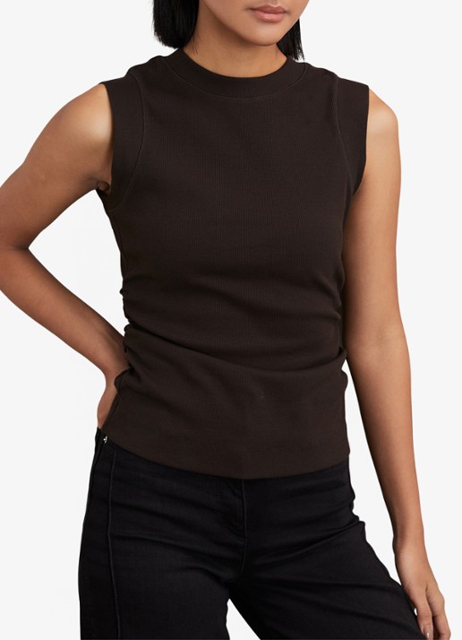 Reiss Trudy fijngebreide top met plooien - detail donkerbruin