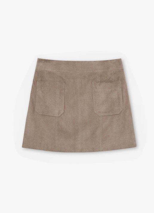 Reiss Vida minirok van geitensuède met opstikzakken - voorkant beige