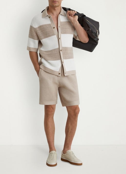 Reiss Vigo straight fit korte broek met structuur - voorkant 7 stone / beige