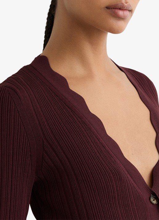 Reiss Vinny ribgebreid vest met V-hals - detail 2 bordeauxrood
