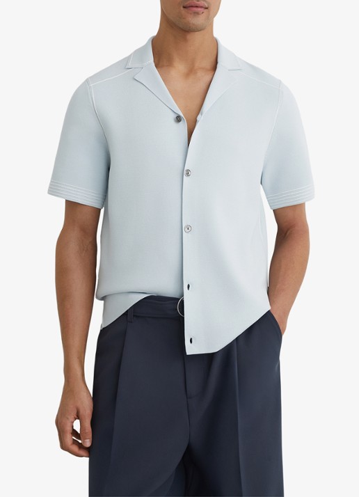 Reiss WANDSWORTH Stitch-Detail Cuban-Collar Knit Shirt - detail 4 lichtblauw