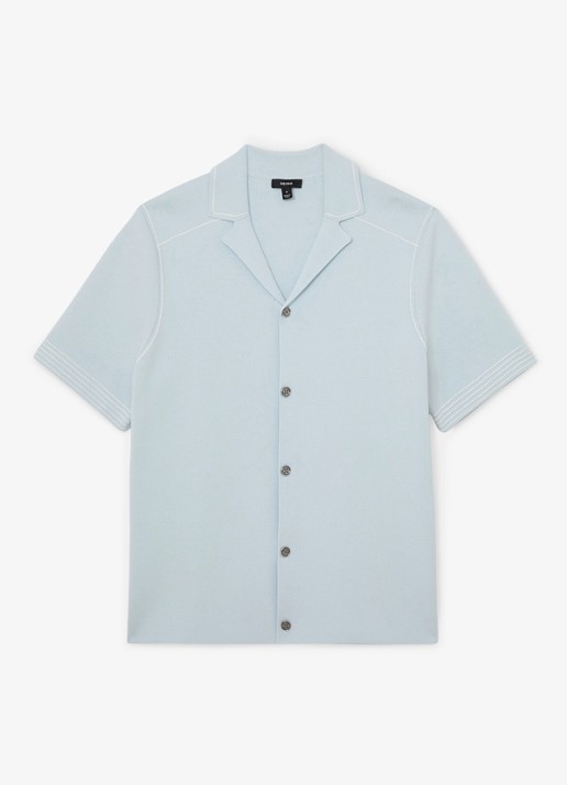 Reiss WANDSWORTH Stitch-Detail Cuban-Collar Knit Shirt - voorkant lichtblauw