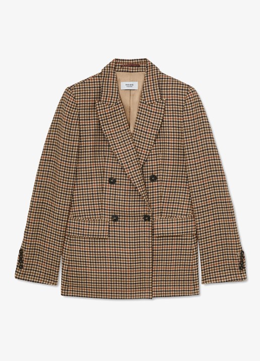 Reiss Willow double-breasted blazer van wol met pied-de-poule dessin - voorkant 2 lichtbruin