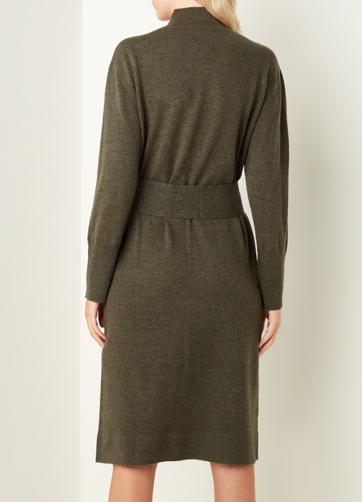 Repeat Midi trui-jurk in kasjmierblend met strikceintuur - achterkant donkerkhaki