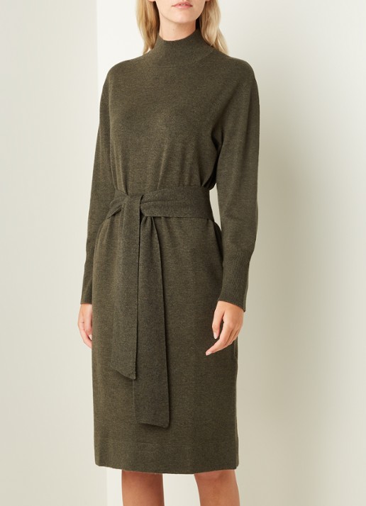 Repeat Midi trui-jurk in kasjmierblend met strikceintuur - detail 4 donkerkhaki
