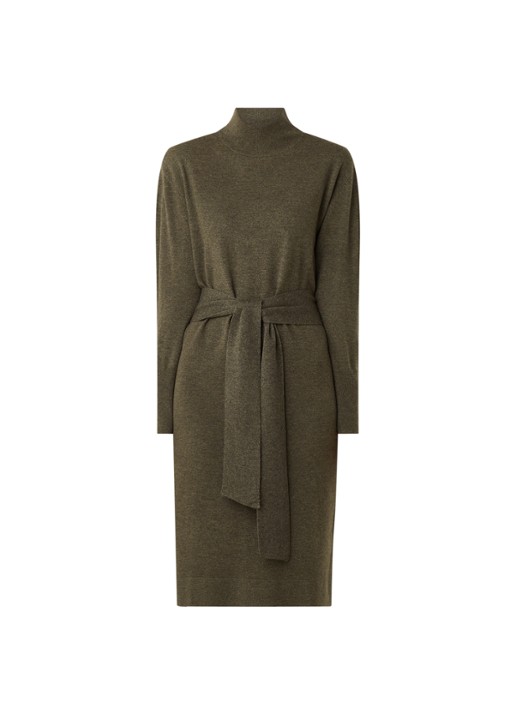 Repeat Midi trui-jurk in kasjmierblend met strikceintuur - voorkant 2 donkerkhaki